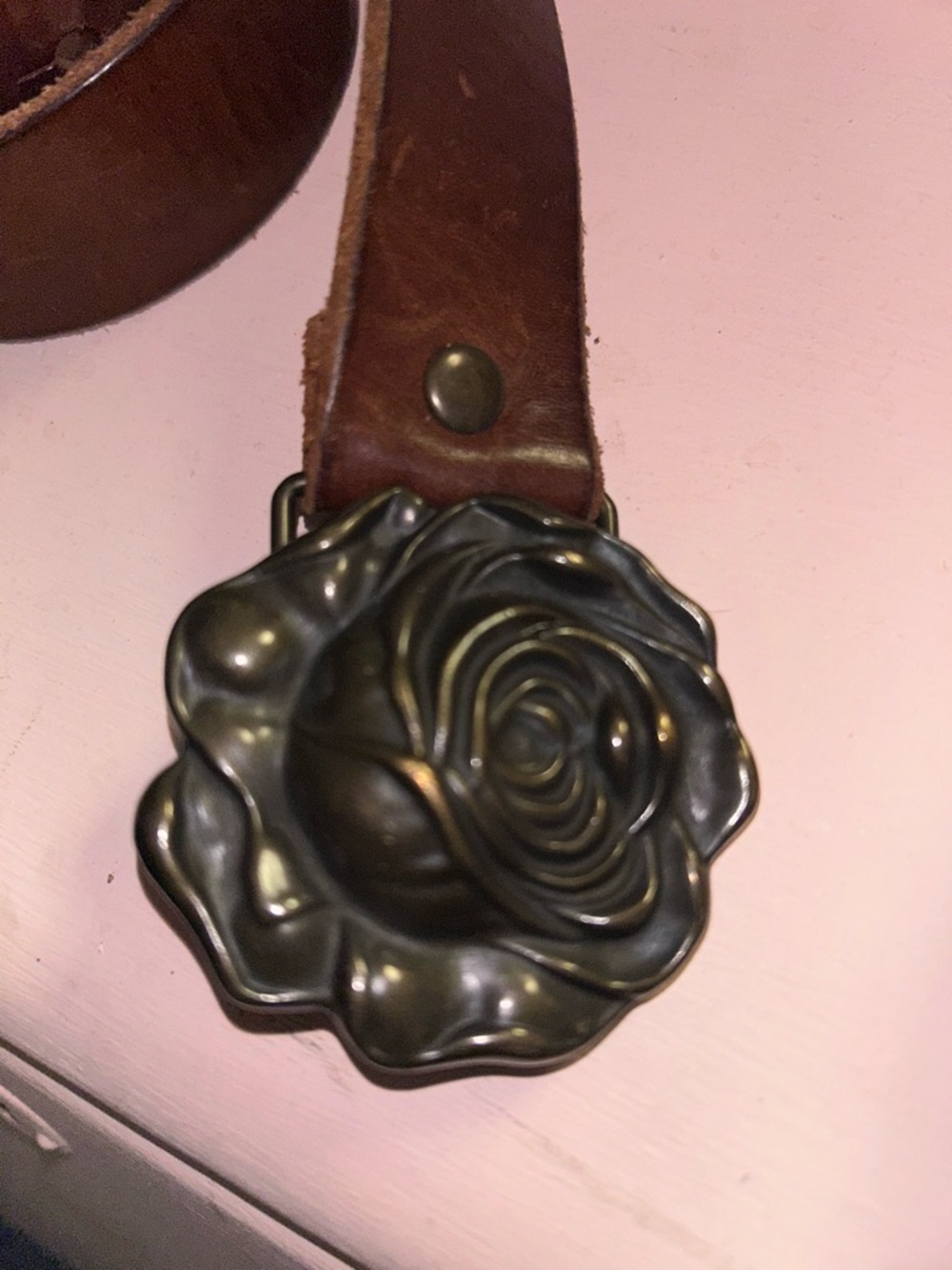 GAP Brown Leather Belt with Black Rose Buckle